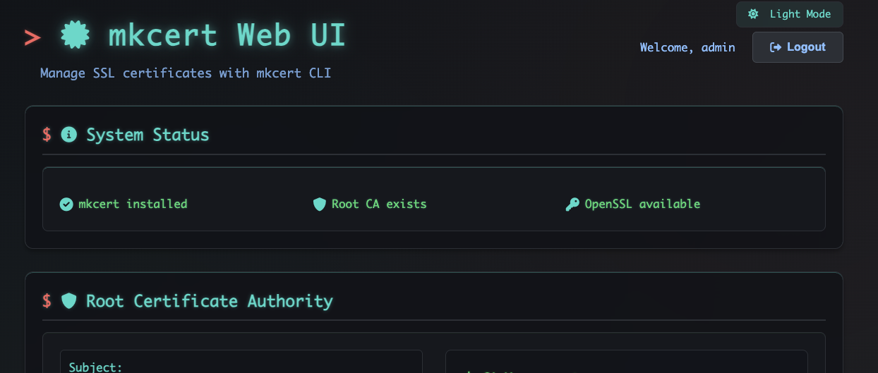 mkcert Web UI showing the certificate generation and management interface