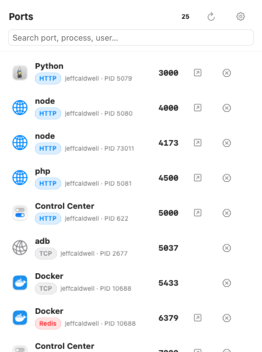 The PortDrop panel: a searchable list of listening ports, each with the owning app's icon, a protocol chip, owner and PID, the port number, and Open and Kill buttons