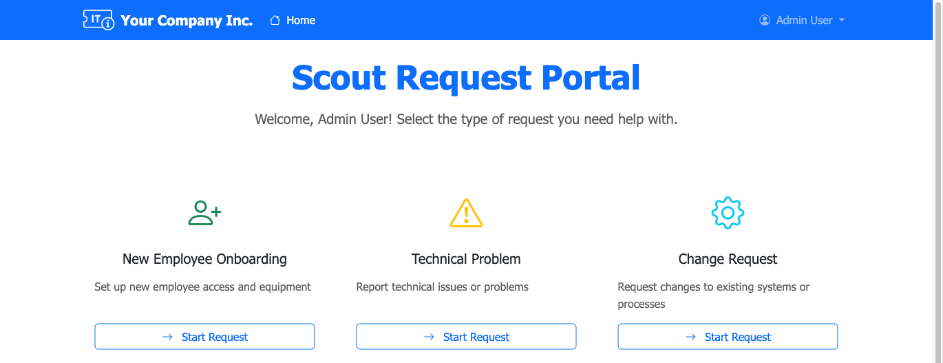 Scout Portal showing the request-type selection screen with onboarding, technical problem and change request cards