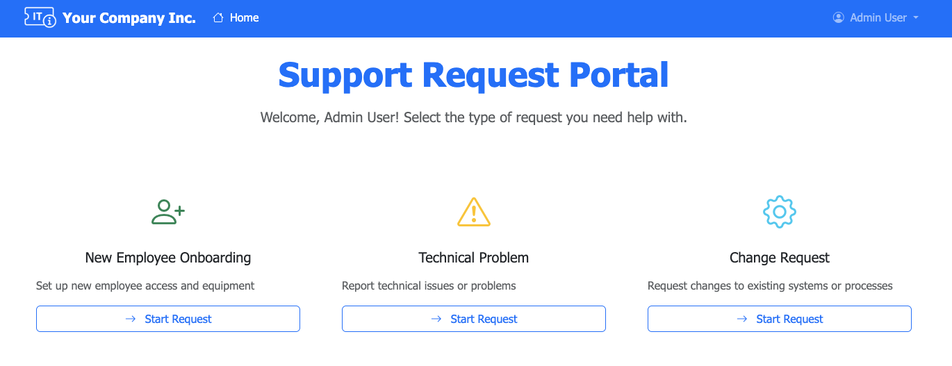 Support Portal showing the request-type selection screen with onboarding, technical problem and change request cards